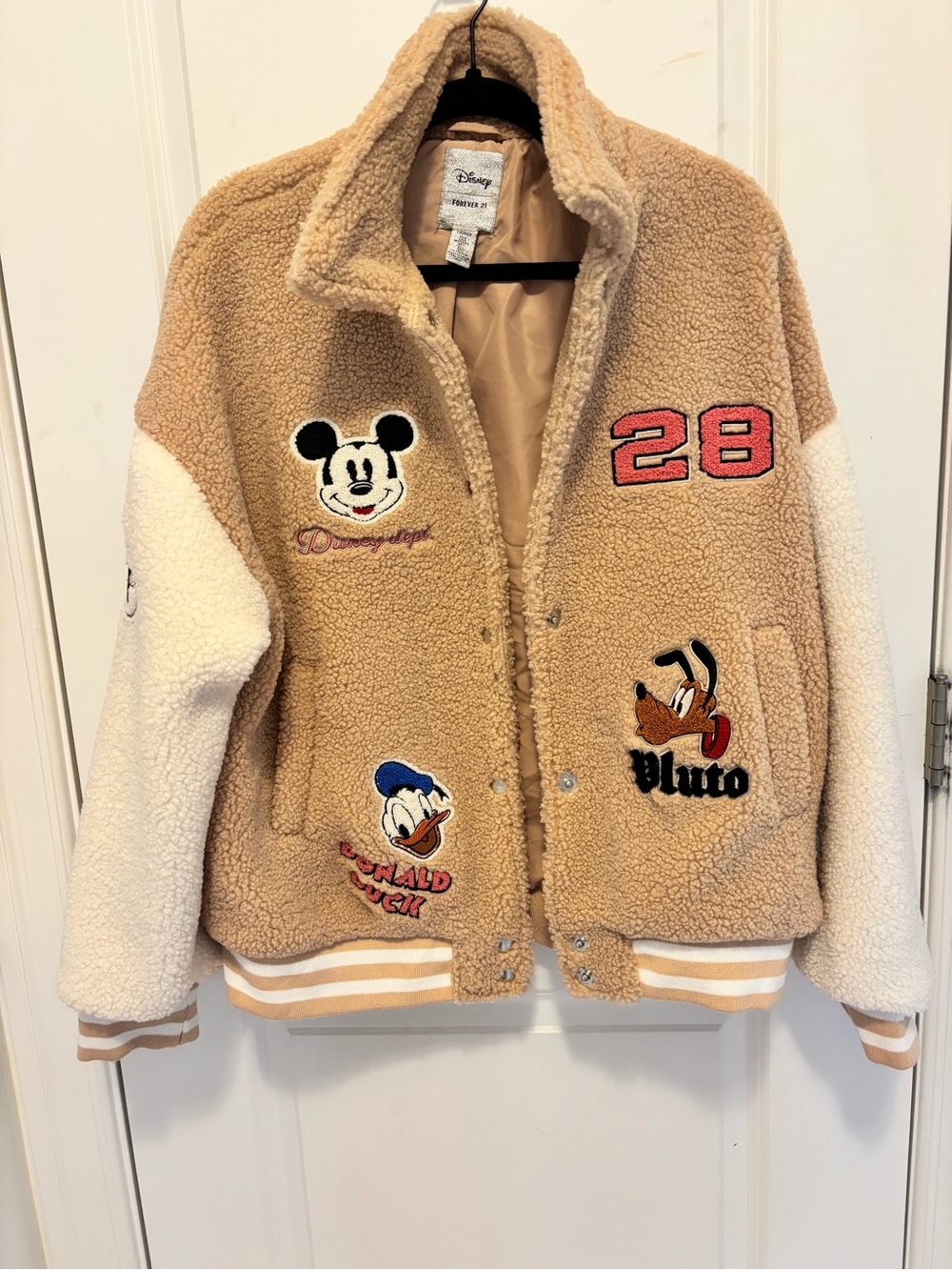 Disney FOREVER 21 Tan & Cream Jacket with Mickey, Donald & Pluto Patches